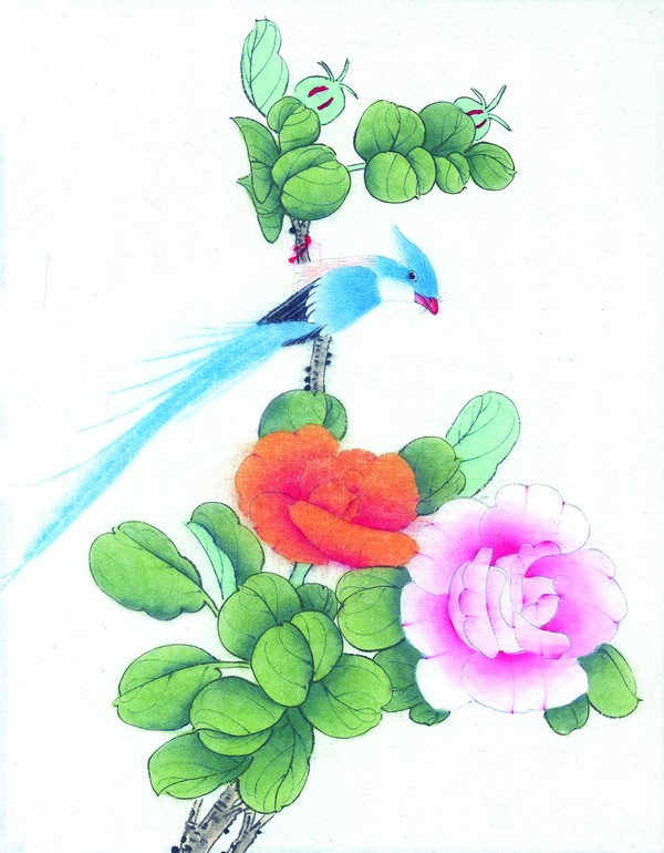工笔花鸟图片-中国国画图 鹦鹉 蓝色 鲜花 绿叶