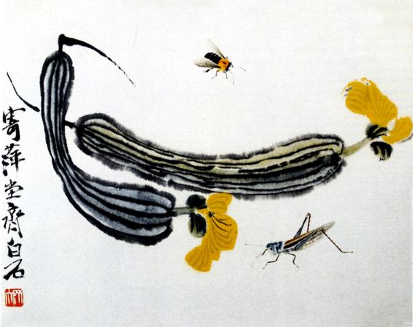 齐白石作品集图片-中国传世名画图 丝瓜 蜜蜂 