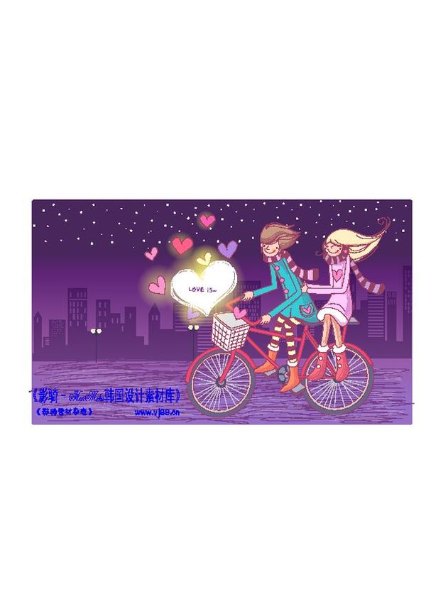 情人节卡通插画图片-人物图 夜里 骑自行车 约