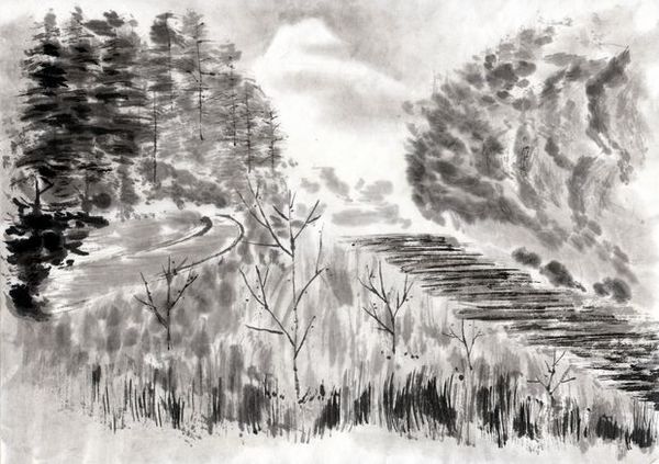 水墨风景图片-中国传统人文图 黑白画 石阶 路