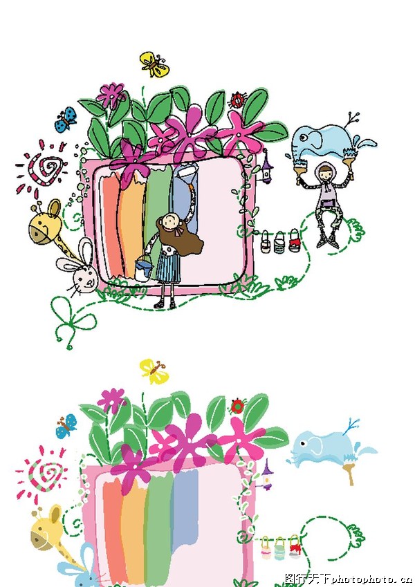 童图片-日韩盛典图 儿童卡通 各种动物 刷墙的
