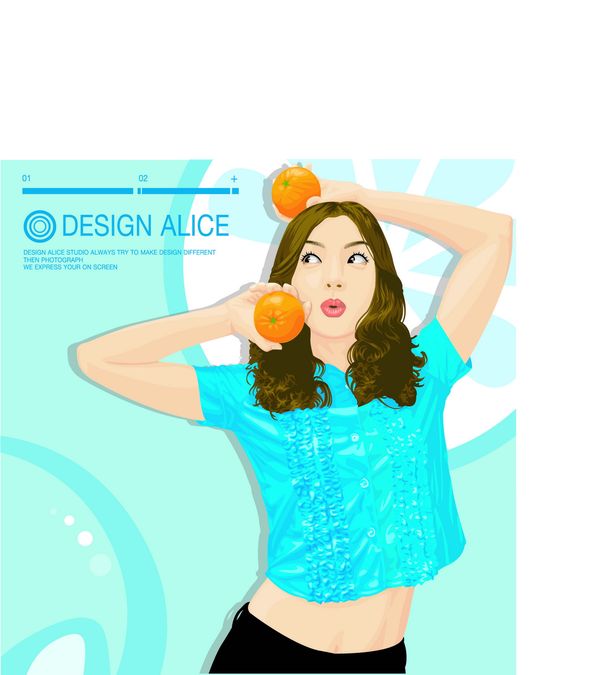 流行时尚图片-标题插画图 得意 蓝色T恤 柑橘 在