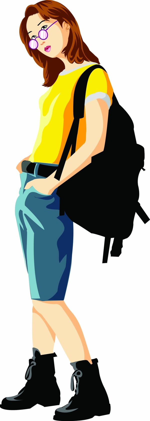 女性百态图片-标题插画图 去踏青 黑色背包 中