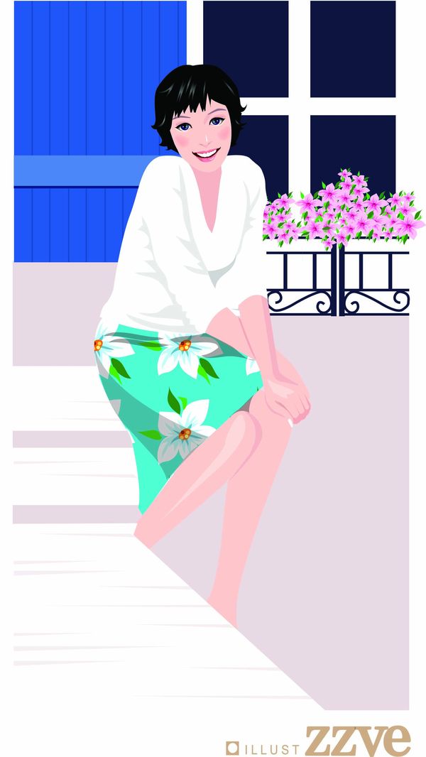 女性百态图片-标题插画图 花裙 白上衣 短发,标