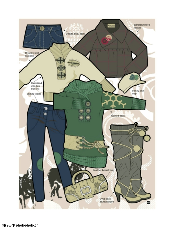 巴黎女性冬季时装花纹图片-花纹图案图 长靴 衣