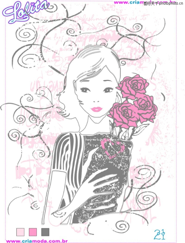 洛丽塔图案图片-花纹图案图 时尚女孩 玫瑰,花